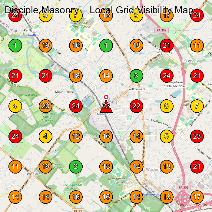 Disciple Masonry Masonry Contractor GeoGrid ranking map for Ambler PA